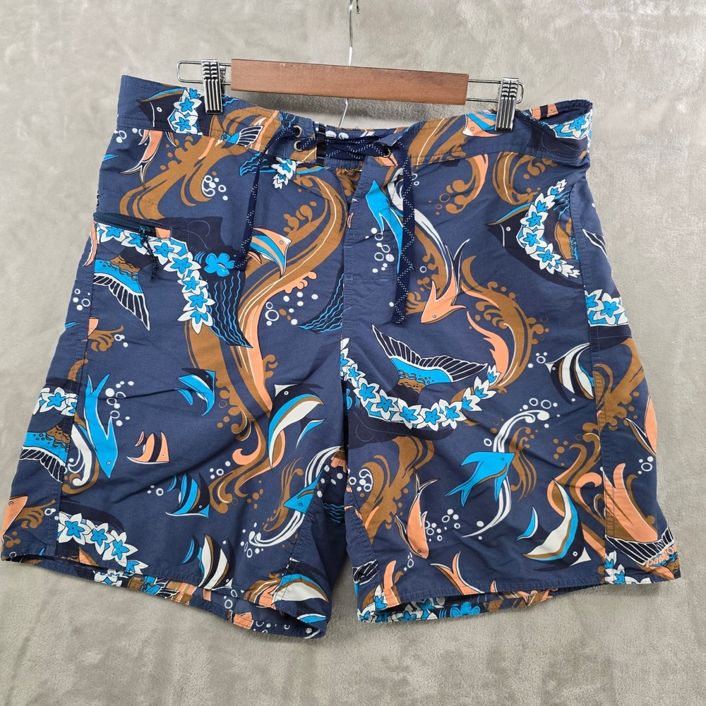 Patagonia Board Shorts Mens 36 Blue Fish Print Wave Graphic Nylon Swim Trunks